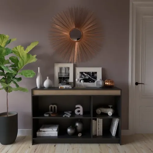Comoda Mueble De Apoyo Moderno Bahiut Rack De Tv Melamina Color Combinado Negro Con Olmo Finlandes